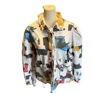Abstract Brushstroke Button-Front Shirt Jacket in White with Multicolor Accents